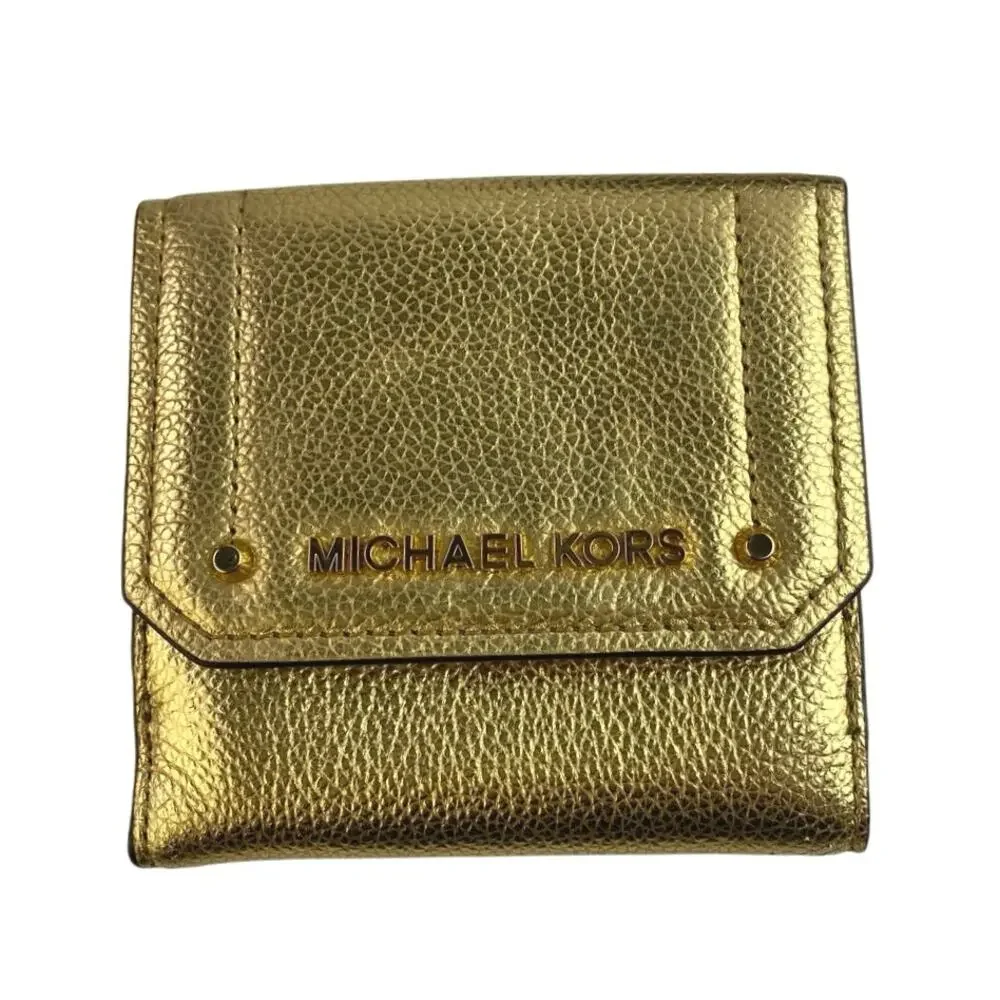 Michael Kors Hayes Women's Gold Metallic Leather Trifold Coin Case Purse Wallet